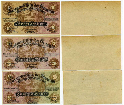 Австрия, Гумпольдскирхен набор из 3 банкнот 10, 20, 50 геллеров 1920 31 декабря 1920, нотгельд, ярмарочная коммуна в земле Нижняя Австрия   бумага  аUNC  7555-13-3-1