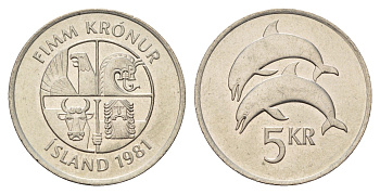 Исландия 5 крон 1981 дельфины KM 28 медно-никель UNC 4691-354