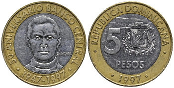Доминиканская республика 5 песо 1997 50 лет центральному банку KM 88 биметалл 4577-1156