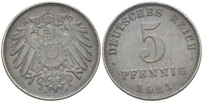 Германия 5 пфеннигов 1921 A KM 19, J. 297, Weege 5 железо 206-735
