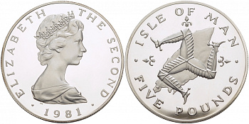Остров Мэн 5 фунтов 1981 герб Мэна, Елизавета II (1952- ), тираж 500 экземпляров КМ 88a серебро PROOF 1081-9-22
