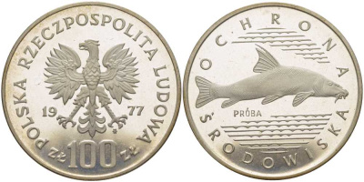 Польша 100 злотых 1977 серия охрана окружающей среды, рыба, пробный выпуск (PROBA), в оригинальной пластиковой упаковке KM Pr305 серебро PROOF 5-3-1-161