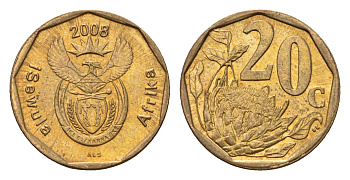 ЮАР 20 центов 2008 герб, цветок протея KM 442 сталь плакированная бронзой UNC 4687-632