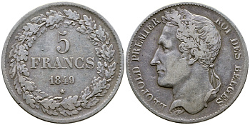 Бельгия 5 франков 1849 Леопольд I (1831-1865), в венке KM 3.2 серебро 74-1023