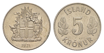 Исландия 5 крон 1971 KM 18 медно-никель UNC 4632-963