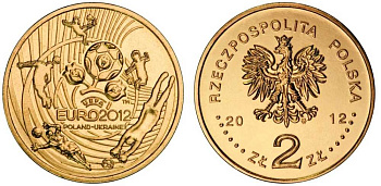 Польша 2 злотых 2012 чемпионат Европы по футболу, евро 2012, УЕФА, Польша-Украина KM 823 латунь UNC 4566-122