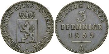 РЕЙС-ШЛАЙЦ 3 ПФЕННИГА 1855 А KM 70 медь 65-735