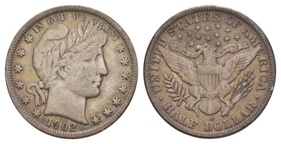 США 1/2 доллара (50 центов) 1902 O, 50 центов Барбера KM 116 серебро    5010-1625