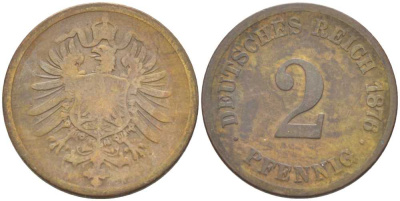 ГЕРМАНИЯ 2 ПФЕННИГА 1876 H, СТАРОГЕРБОВКА KM 2, J. 2, Weege 3 медь 212-715