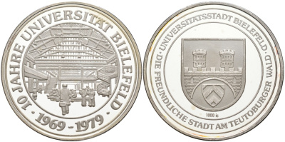 Германия медаль 1979 10 ЛЕТ УНИВЕРСИТЕТУ БИЛЕФЕЛЬДА (BIELEFELD), диаметр 35,2 мм., вес 15 гр. серебро PROOF 04-093-25