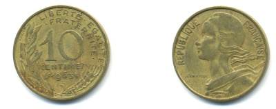 ФРАНЦИЯ 10 САНТИМОВ 1963 ТИП MARIANE KM 929, LE FRANC 144.3 алюминиевая бронза 3999-1353