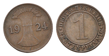 Германия 1 рентенпфенниг 1924 J KM 30, J. 306 бронза 4696-612