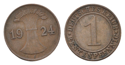 Германия 1 рентенпфенниг 1924 J KM 30, J. 306 бронза 4696-612