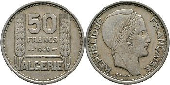 Алжир, Французский 50 франков 1949 KM 92 медно-никель 4536-321