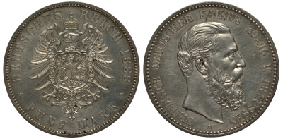 Пруссия 5 марок 1888 A, Фридрих III (9.3-15.6.1888), 'старогербовка' Weege 99, J. 99, KM 512 серебро 00-815-46