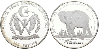 Западная Сахара 500 песет 1993 слон серебро PROOF 00-00