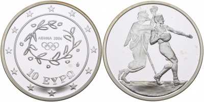 Греция 10 евро 2004 XXVIII летние Олимпийские игры 2004 года в Афинах, гандбол KM 205 серебро PROOF 1069-10-14