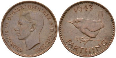 Великобритания 1 фартинг 1943 Георг VI (1936-1952) KM 843, Spink 4116 бронза 4154-257
