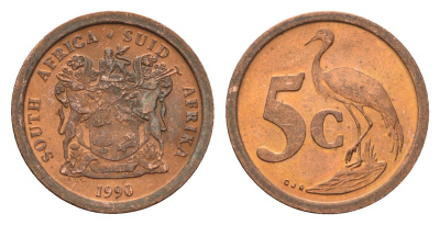 ЮАР 5 центов 1990 герб, райский журавль KM 134 сталь плакированная медью UNC 4687-146