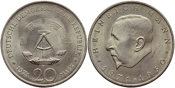 ГДР 20 марок 1971 А, 100 лет со дня рождения Генриха Манна (1871-1950) KM 33, J. 1531 медно-никель aUNC 1523-112