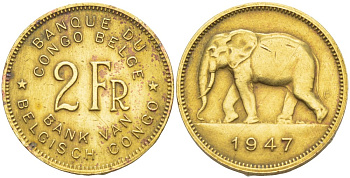 Бельгийское Конго 2 франка 1947 слон KM 28 латунь 4541-1025