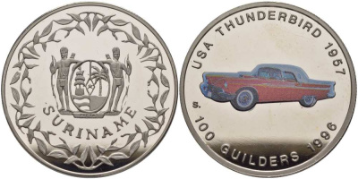 Суринам 100 гульденов 1996 США, Thunderbird 1957, эмаль KM 47 медно-никель PROOF 1077-7-61