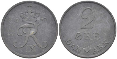Дания 2 эре 1960 C; S, Фредерик IX (1947-1972) KM 840.2 цинк 67-315