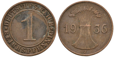 Германия 1 рейхспфенниг 1936 J KM 37, J. 313 бронза 4516-815