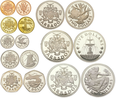 Барбадос полный набор из 8 монет (1, 5, 10 и 25 центов; 1, 2, 5 и 10 долларов) 1976 10 лет независимости KM (19-24, 25a, 26a) серебро и другие металлы PROOF 5-4-4-2