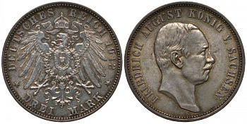 Саксония 3 марки 1912 E, Фридрих Август III (1904-1918) Weege 132, J. 135, KM 1267 серебро 00-1067-1-53