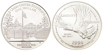 США 1 доллар 1994 W, Национальный музей военнопленных, в оригинальном футляре, с сертификатом KM 251 серебро BU 8-2-05-29