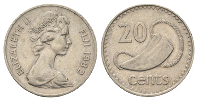 Фиджи 20 центов 1982 Елизавета II (1952-2022), китовый зуб KM 31 медно-никель 4698-1212