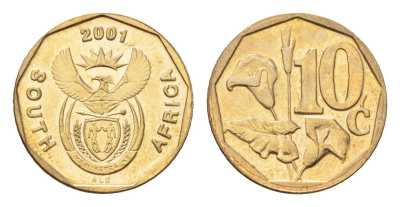 ЮАР 10 центов 2001 герб, цветок алоэ KM 224 сталь плакированная бронзой UNC 4694-811