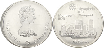 Канада 10 долларов 1973 XXI летние Олимпийские игры в Монреале 1976 года, вид на город KM 87 серебро UNC 01-161-23