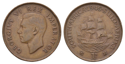 ЮАР 1 пенни 1945 Георг VI (1936-1952) KM 25 бронза 4123-933