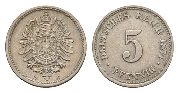 Германия 5 пфеннигов 1874 D, Вильгельм I (1871-1888) KM 3, J. 3, Weege 5 медно-никель 1528-1123