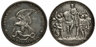 Пруссия 3 марки 1913 Вильгельм II (1888-1918), 100 лет победы над Наполеоном KM 534, J. 110 серебро 3711-1322
