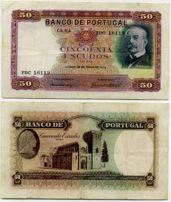 ПОРТУГАЛИЯ 50 ЭСКУДО 1949 28.06.1949, Ромальо Артигао Pick 154 бумага 8564-3-1