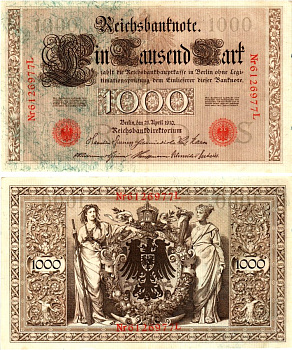 Германия 1000 марок 1910 Pick 44b бумага 7547-36-2-1