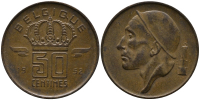 Бельгия 50 сантимов 1952 Belgique, Бодуэн I (1951-1993) KM 144 бронза 99-411