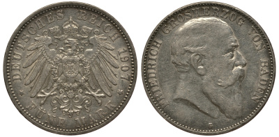 Баден 5 марок 1907 G, Фридрих I (1856-1907) Weege 31, J. 33, KM 274 серебро    3711-1615