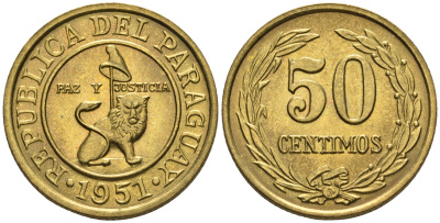 Парагвай 50 сентимо 1951 лев, фригийский колпак на шесте KM 24 алюминиевая бронза  aUNC  4177-613