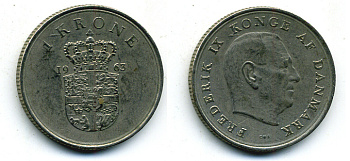 Дания 1 крона 1963 C;S, Фредерик IX (1947-1972) KM 851 медно-никель 56-347
