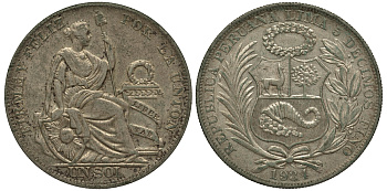 Перу 1 соль 1934 KM 218.2 серебро aUNC 272-642