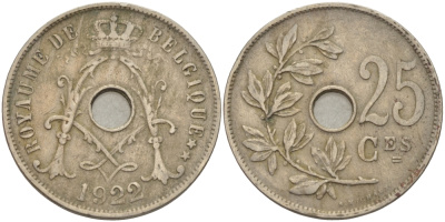 Бельгия 25 сантимов 1922 Belgique KM 68.1 медно-никель 38-233