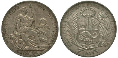 Перу 1 соль 1934 KM 218.2 серебро aUNC 272-642