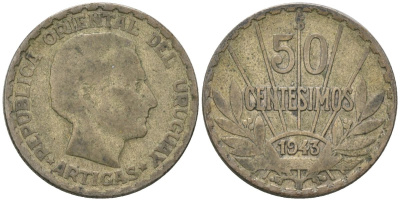 Уругвай 50 сентесимо 1943 KM 31 серебро 4606-1235