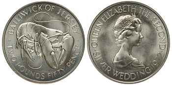 Джерси 2 1/2 фунта (2 фунта 50 пенсов) 1972 25 лет свадьбе Королевы Елизаветы II и Принца Филиппа KM 38 серебро BU 1081-9-42