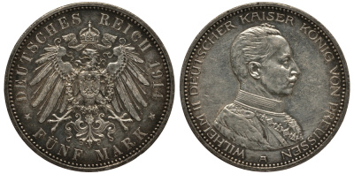 Пруссия 5 марок 1914 Вильгельм II в мундире KM 536, J. 114, Weege 114 серебро 3711-514