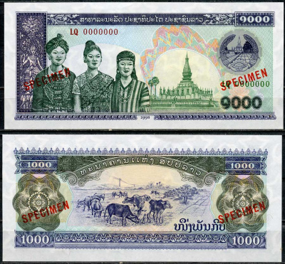 Лаос 1000 кипов 1998 пагода Пха Тхат Луанг, быки, образец, Specimen Pick 35 a s  бумага  UNC (пресс) 451-207-1-1